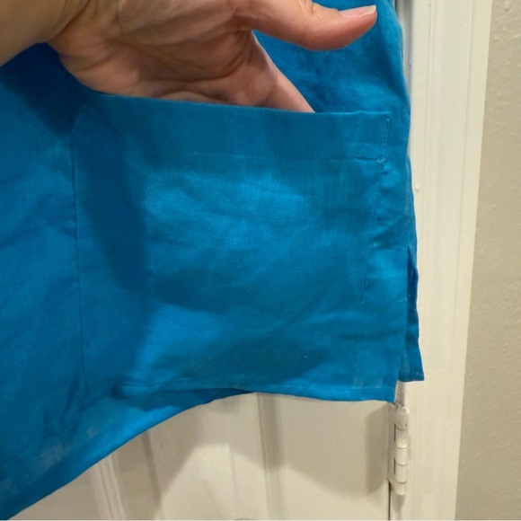 Vtg Caroline Rose 100% Linen Tunic Blouse Women’s L Teal Blue Pockets Lagenlook - Picture 4 of 10